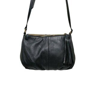 Margot Leather Adjustable Strap Shoulder Crossbody Black Bag with Tassel Accent